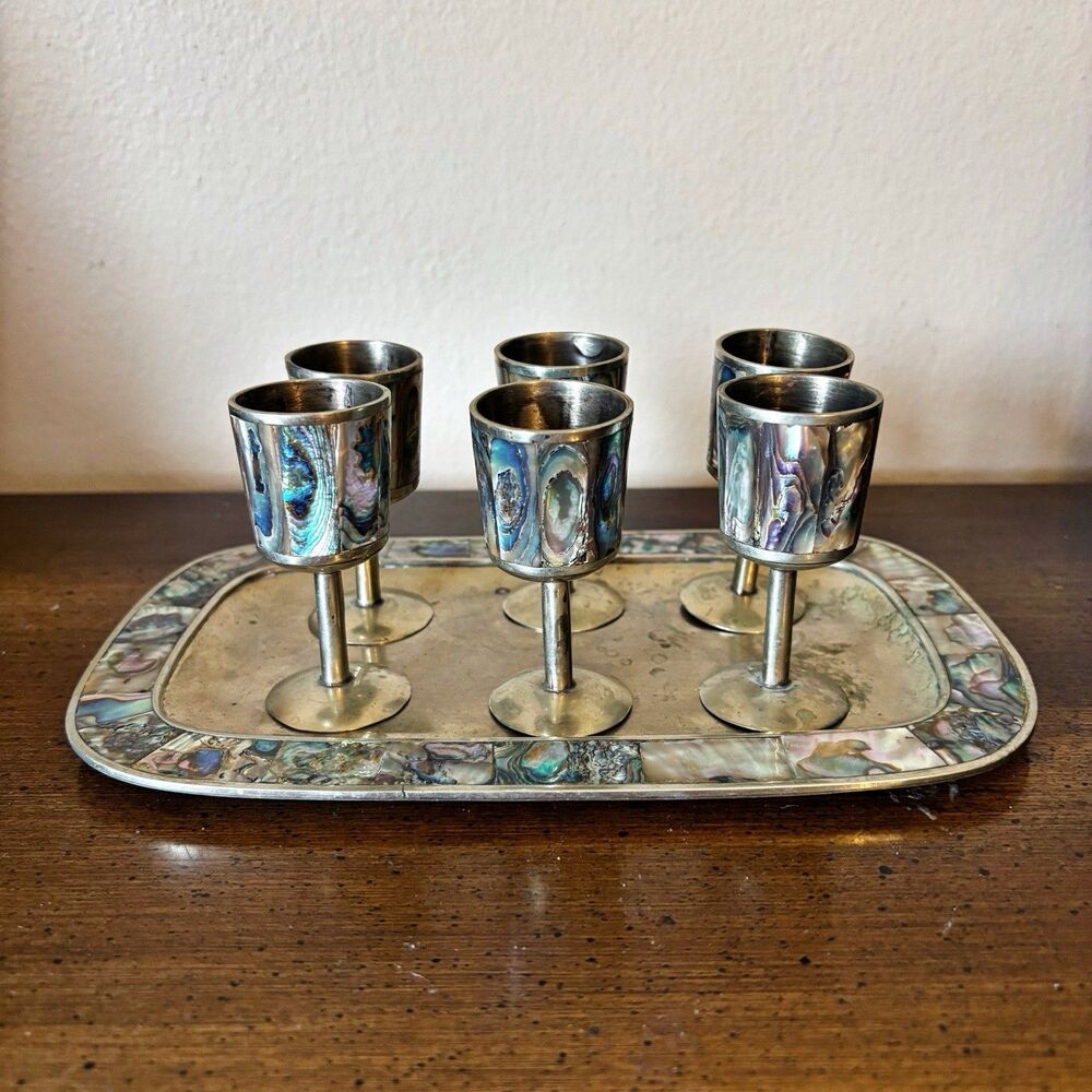 Vtg Cordial Set Mexican Alpaca Silver With Abalone MOP 6 Small Goblets With Tray